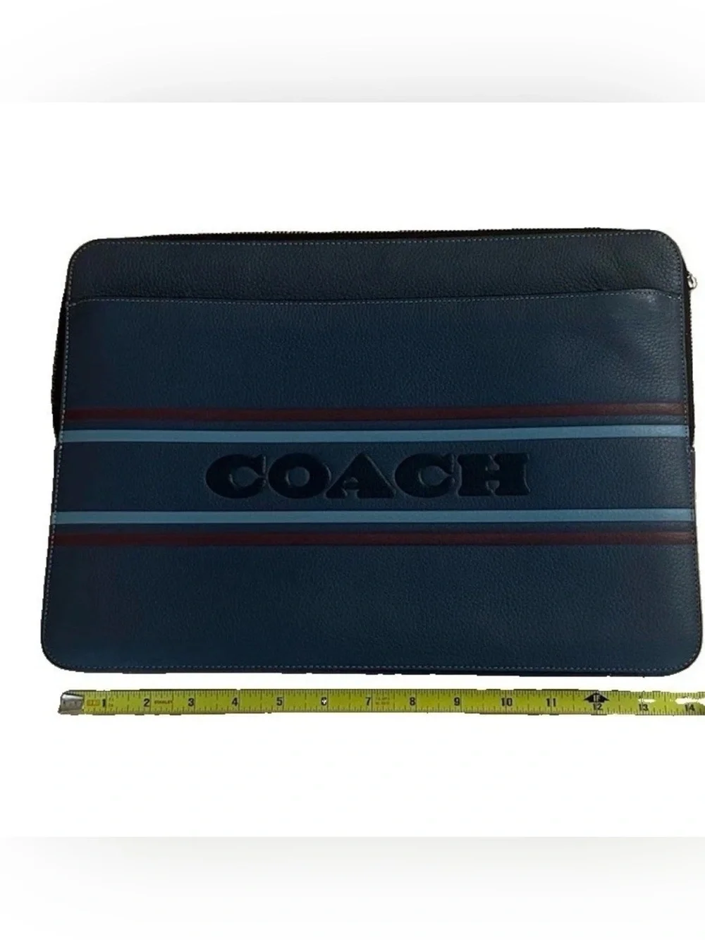 Coach CH068 15 Laptop Case Denim Blue Multi Color Center Stripe Leather  $272